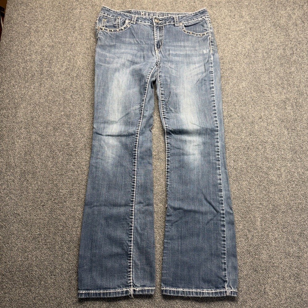 Miss Chic Womens Embellished Bootcut Jeans Blue Medium Wash Studded Size 13